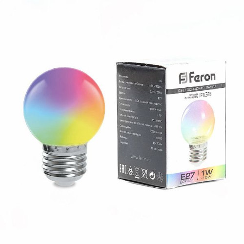 Лампа светодиодная Feron LB-37 Шарик матовый E27 1W RGB быстрая смена цвета , 38126