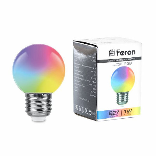 Лампа светодиодная Feron LB-37 Шарик матовый E27 1W RGB плавная сменая цвета , 38116
