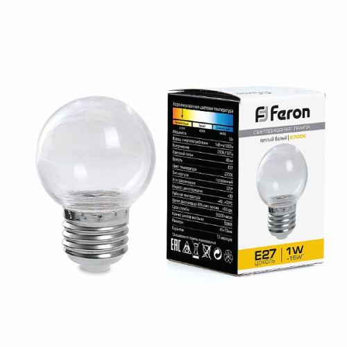 Лампа светодиодная Feron LB-37 Шарик прозрачный E27 1W 2700K , 38119