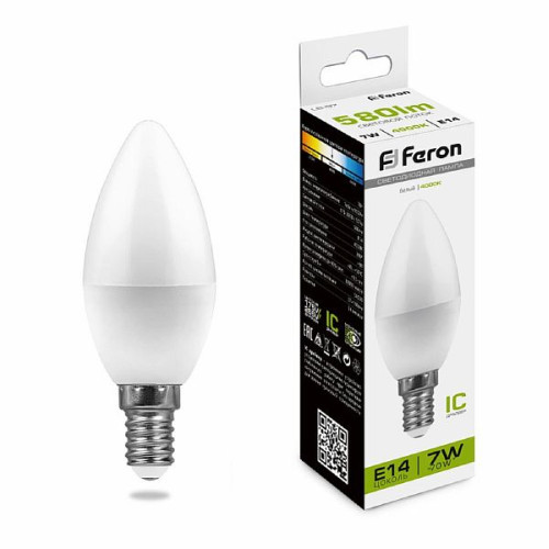 Лампа светодиодная Feron LB-97 Свеча E14 7W 4000K , 25476