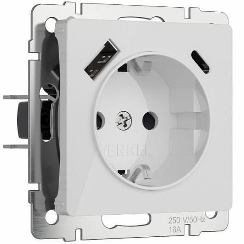 W1171741/ Розетка с заземлением, шторками и USB тип A+C (белый акрил) W1171741